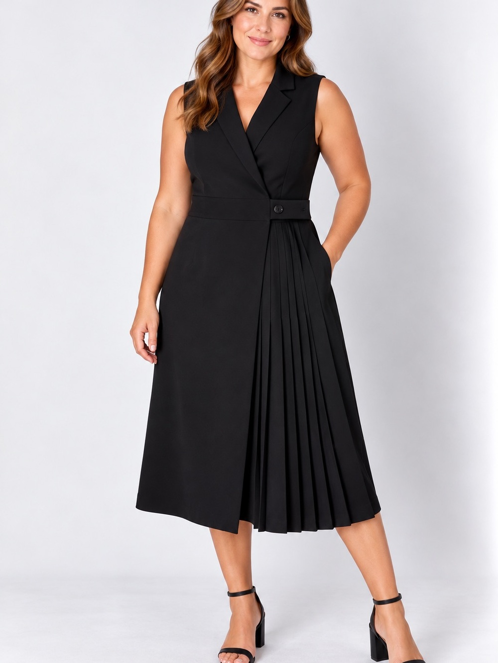 Maggy London Black Sleeveless Wrap-Front Pleated Midi Dress